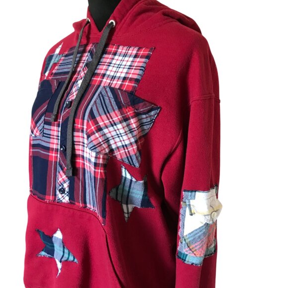 Upcycled Patchwork Hoodie, Size Medium: Red Plaid, Star Appliqués, Grunge Style - Picture 7 of 13